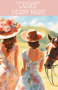 Women in floral dresses at Derby event with horse.