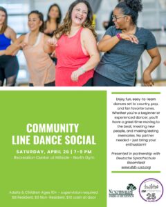 Community line dance event with people dancing happily.