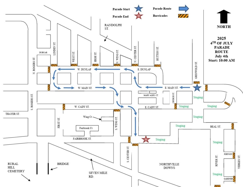2025 Northville July 4th parade route map.