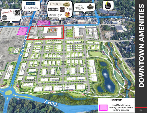 Downtown amenities map with parking and businesses.