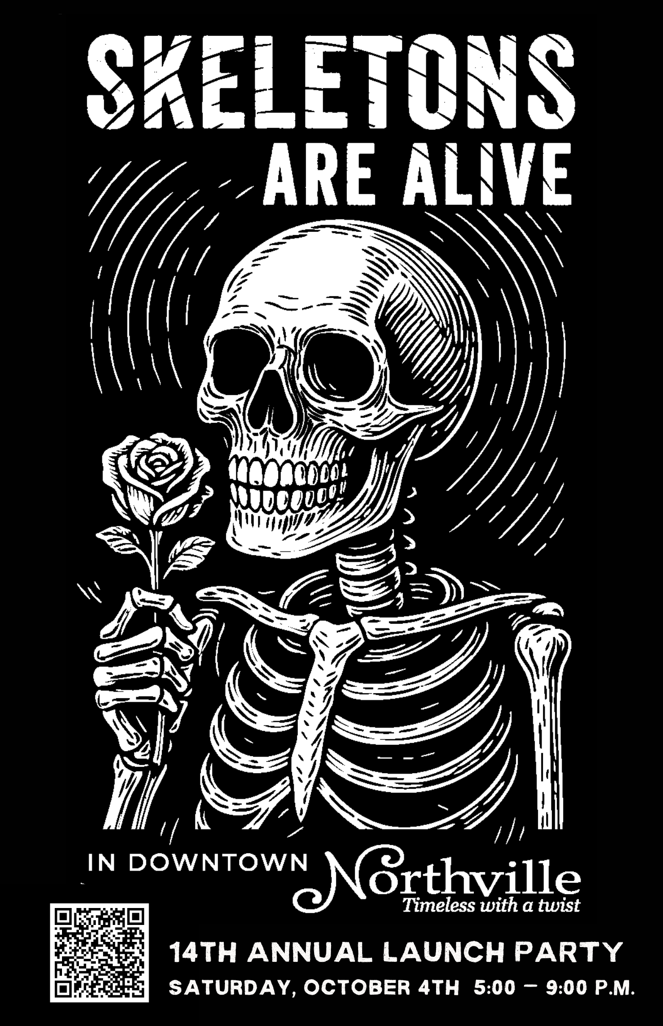 Skeleton holding rose event poster, Northville launch party.