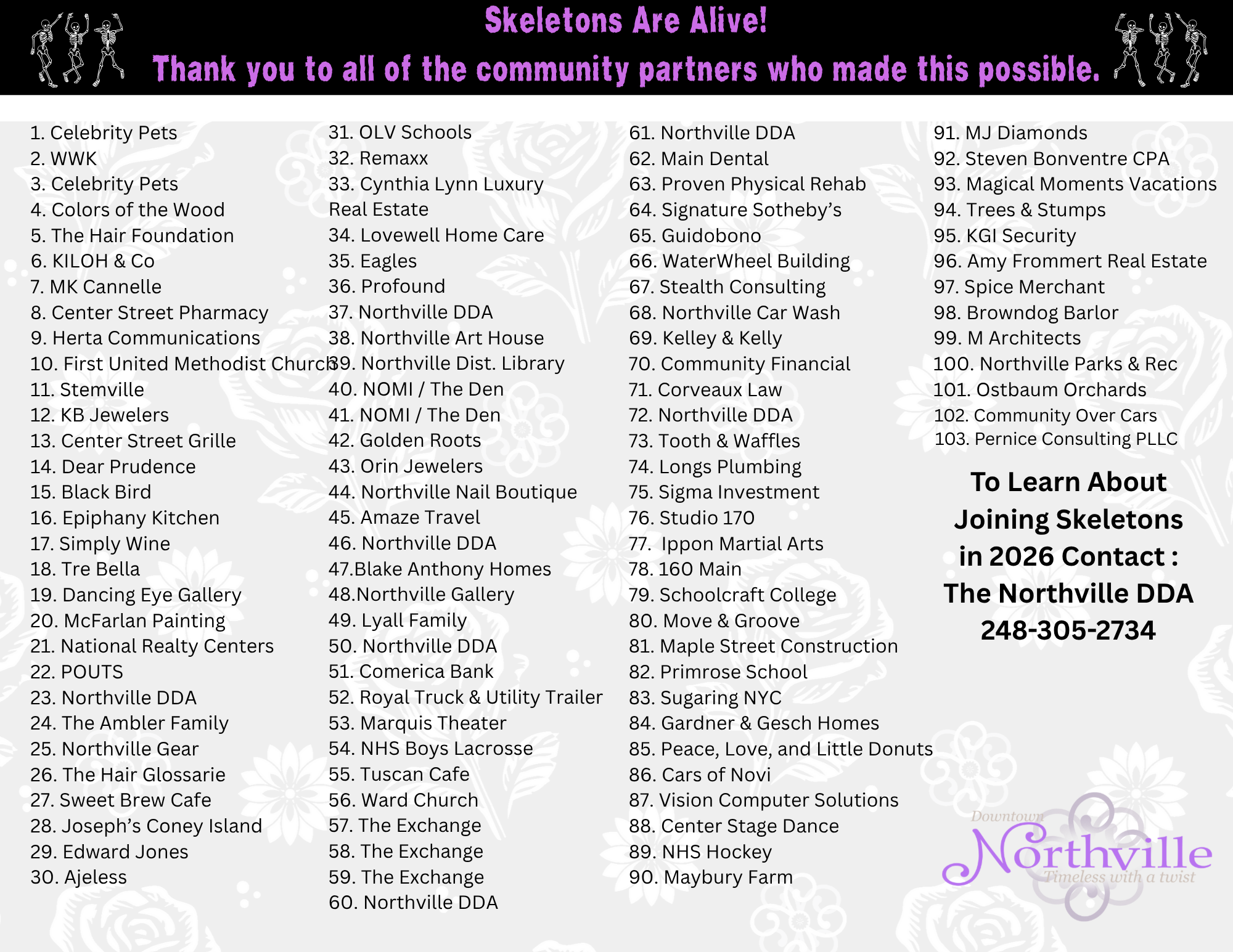 Skeletons Are Alive event sponsors list and contact info.