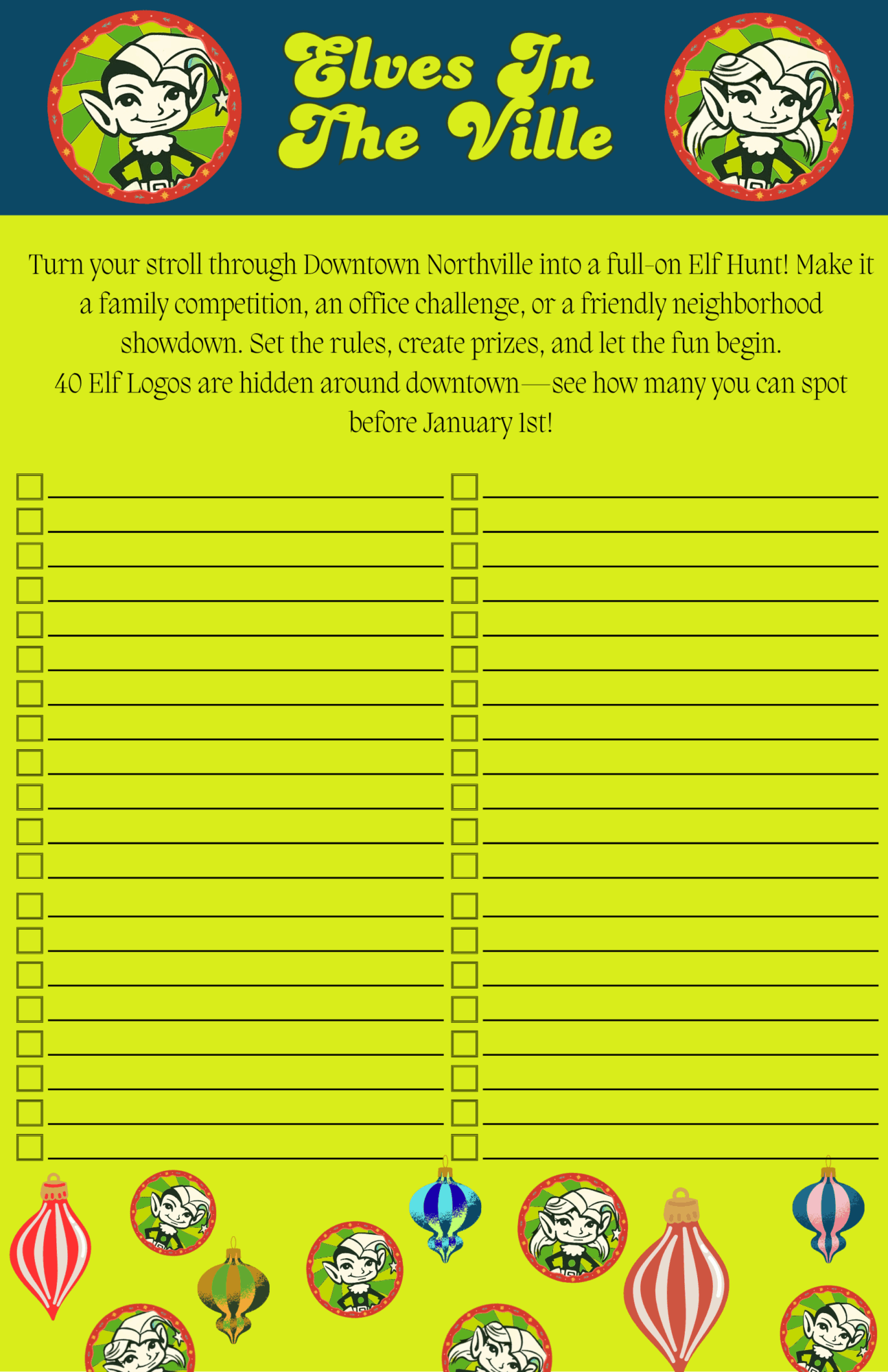 Elf hunt event checklist with elf logos.