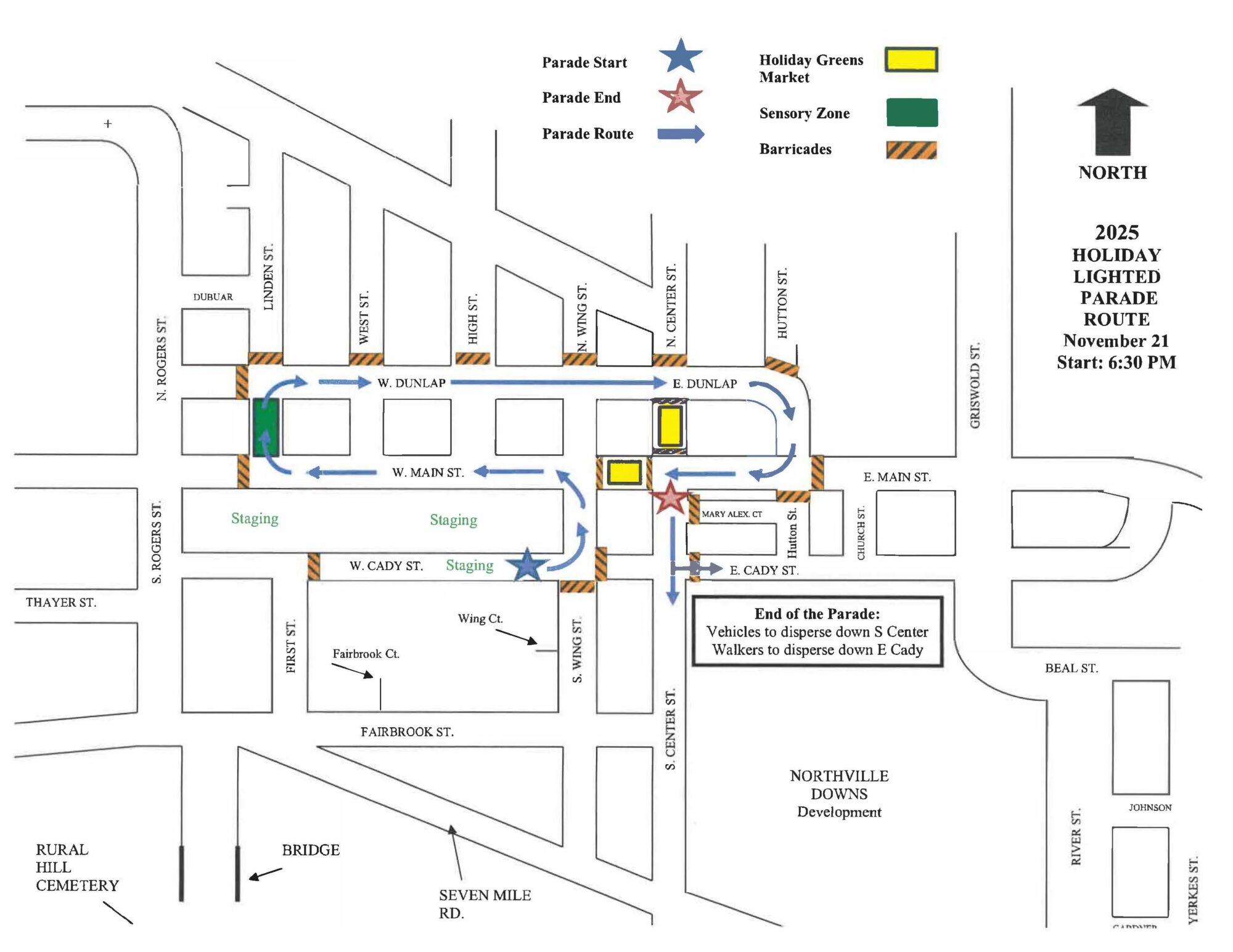 2025 Holiday Lighted Parade route map, Northville.