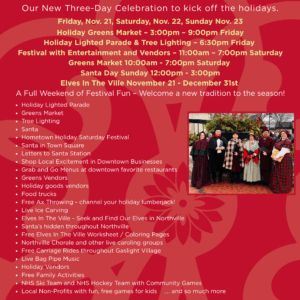 Holiday festival promotion with parade, market, and events.