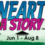Unearth a Story from June 1 - August 8 at NDL. Dinosaurs are reading books in a prehistoric jungle-type setting.